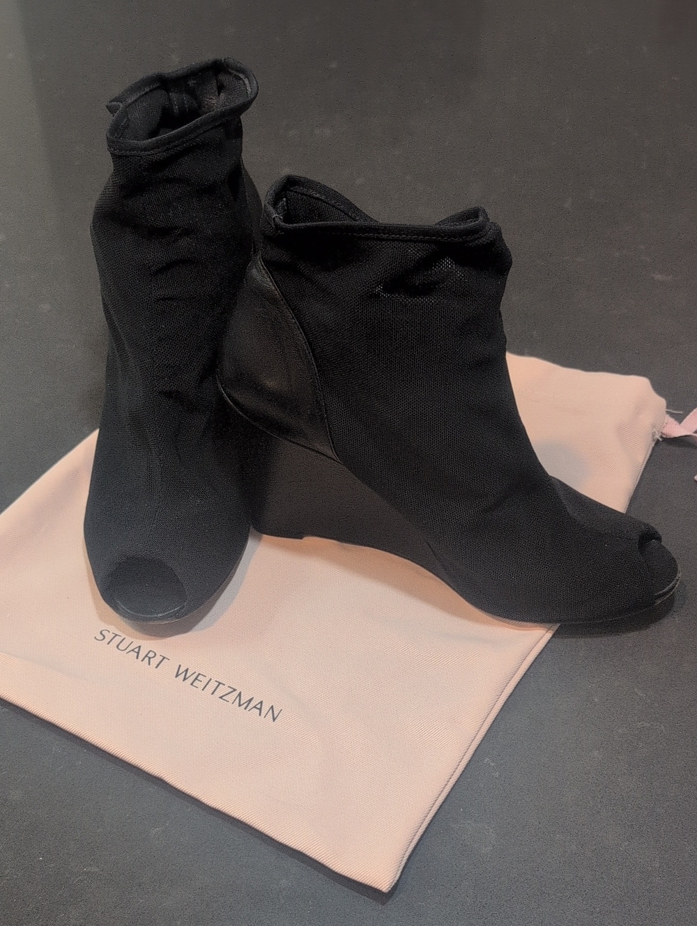 Stuart Weitzman Black Peep-Toe Stretch Wedge Booties